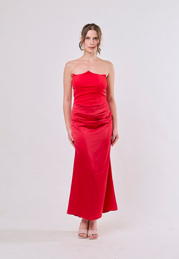 Rhiannon Red Tube Satin Ruched Waist Maxi Dress