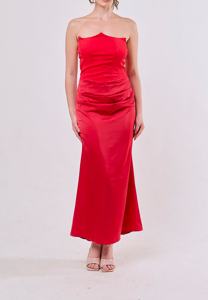 Rhiannon Red Tube Satin Ruched Waist Maxi Dress