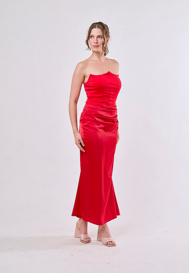 rhiannon satin dress Rhiannon Red Tube Satin Ruched Waist Maxi Dress – Love, Ara