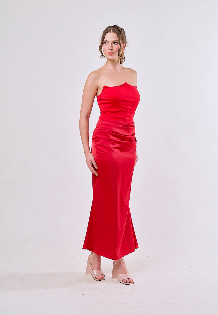 Rhiannon Red Tube Satin Ruched Waist Maxi Dress