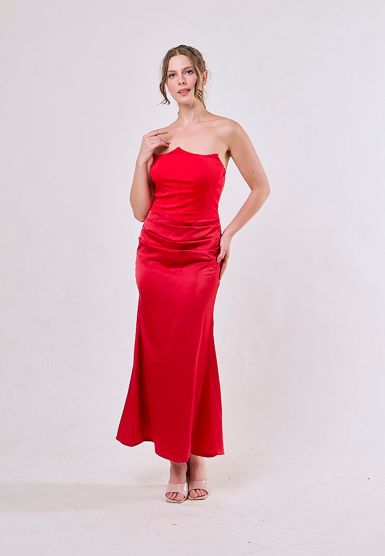 Rhiannon Red Tube Satin Ruched Waist Maxi Dress