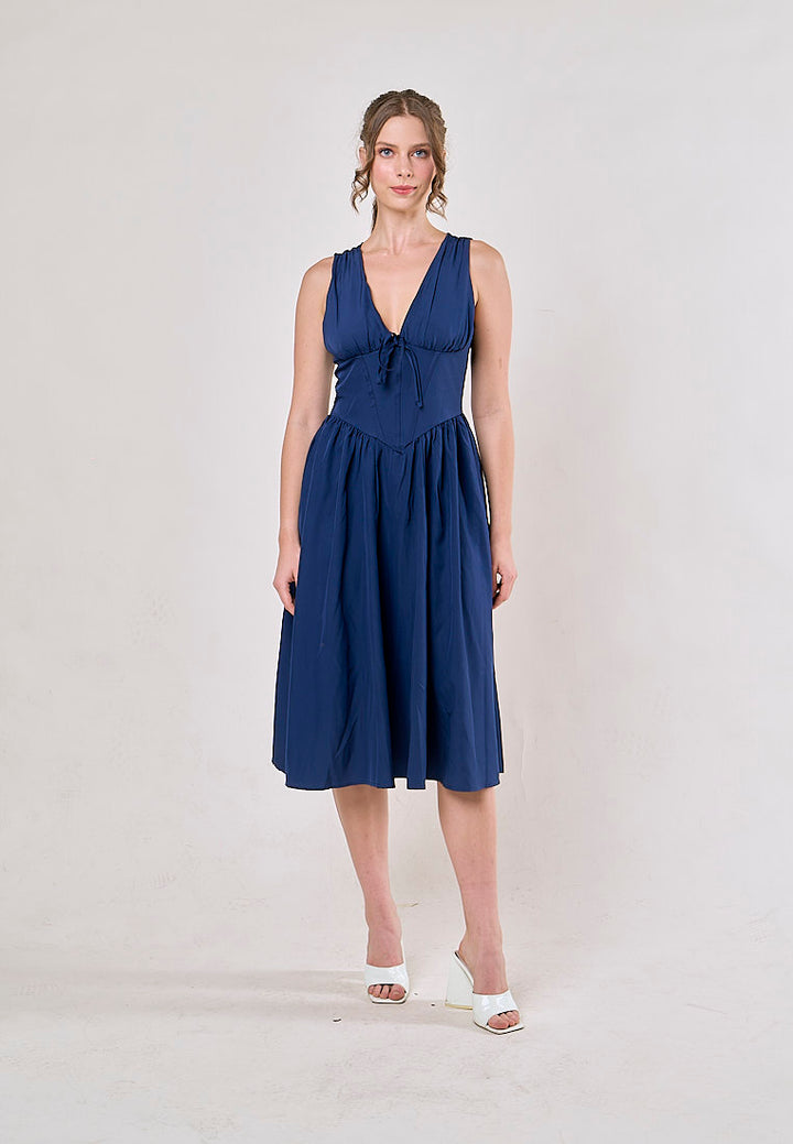 Odin Blue V Neck A-Line Pleated Midi Dress