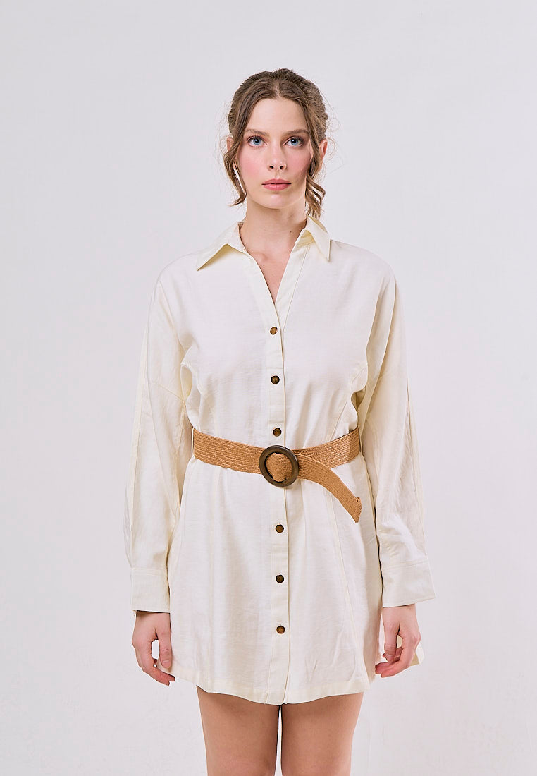 Saige Cream Button Down  Lapel Long Sleeve Belt Mini Dress