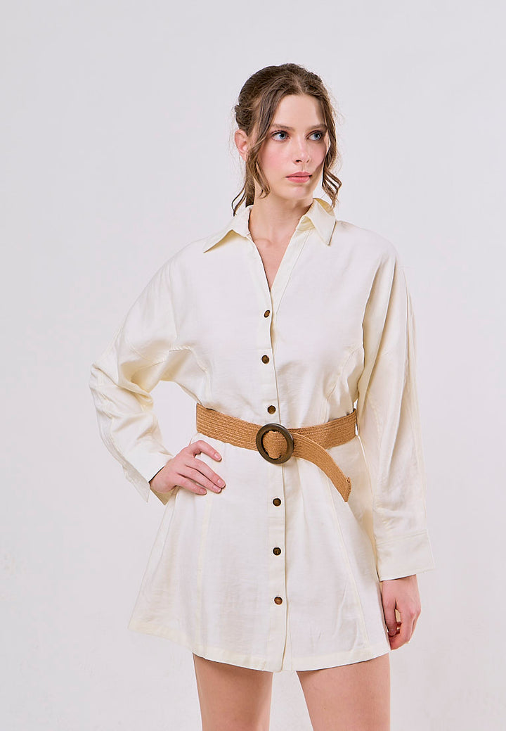 Saige Cream Button Down  Lapel Long Sleeve Belt Mini Dress