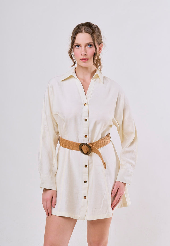 Saige Cream Button Down  Lapel Long Sleeve Belt Mini Dress