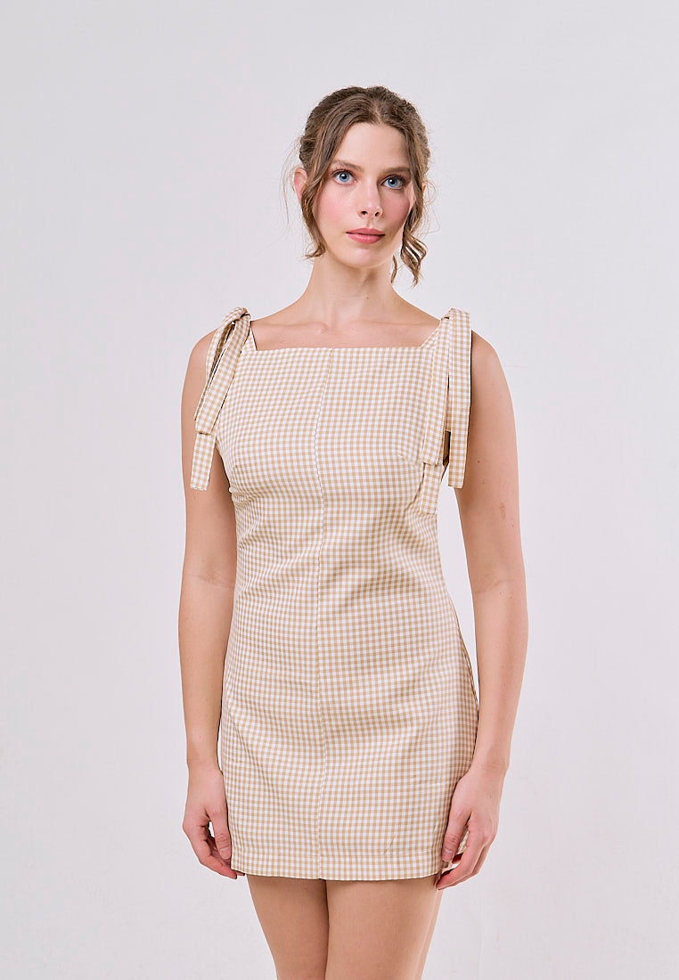 Darby  Khaki Plaid Retro Gingham Print  Sleeveless Bowknot Mini Dress