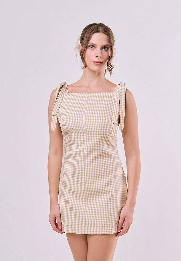 Darby  Khaki Plaid Retro Gingham Print  Sleeveless Bowknot Mini Dress
