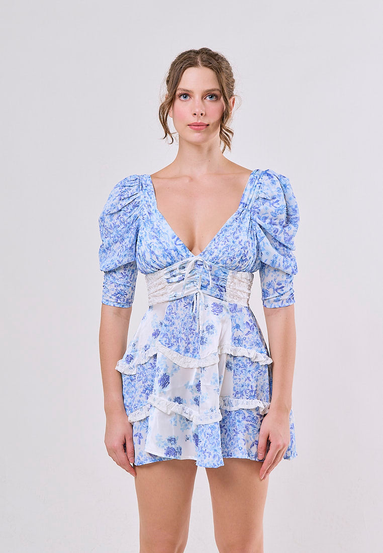 Lane Blue Floral Deep V Neck Back Hollow Out  Mini Dresses