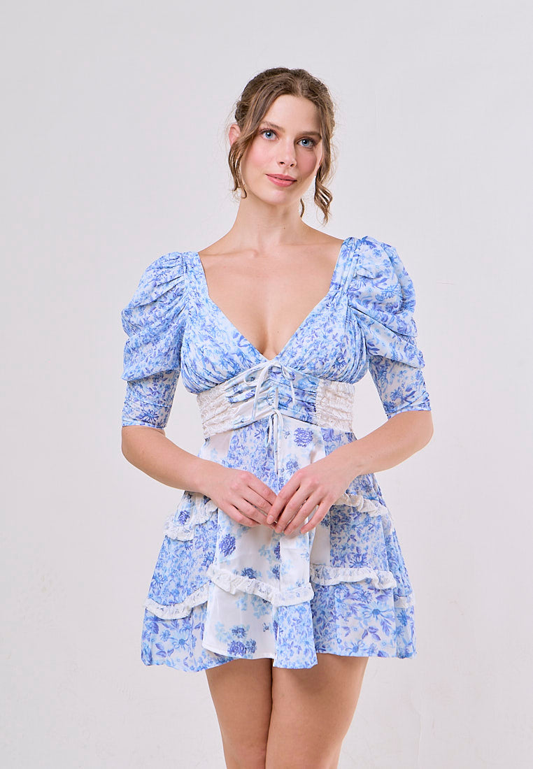 Lane Blue Floral Deep V Neck Back Hollow Out  Mini Dresses