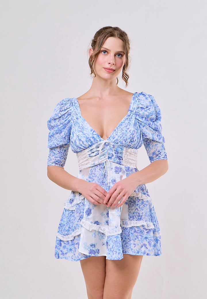 Lane Blue Floral Deep V Neck Back Hollow Out  Mini Dresses