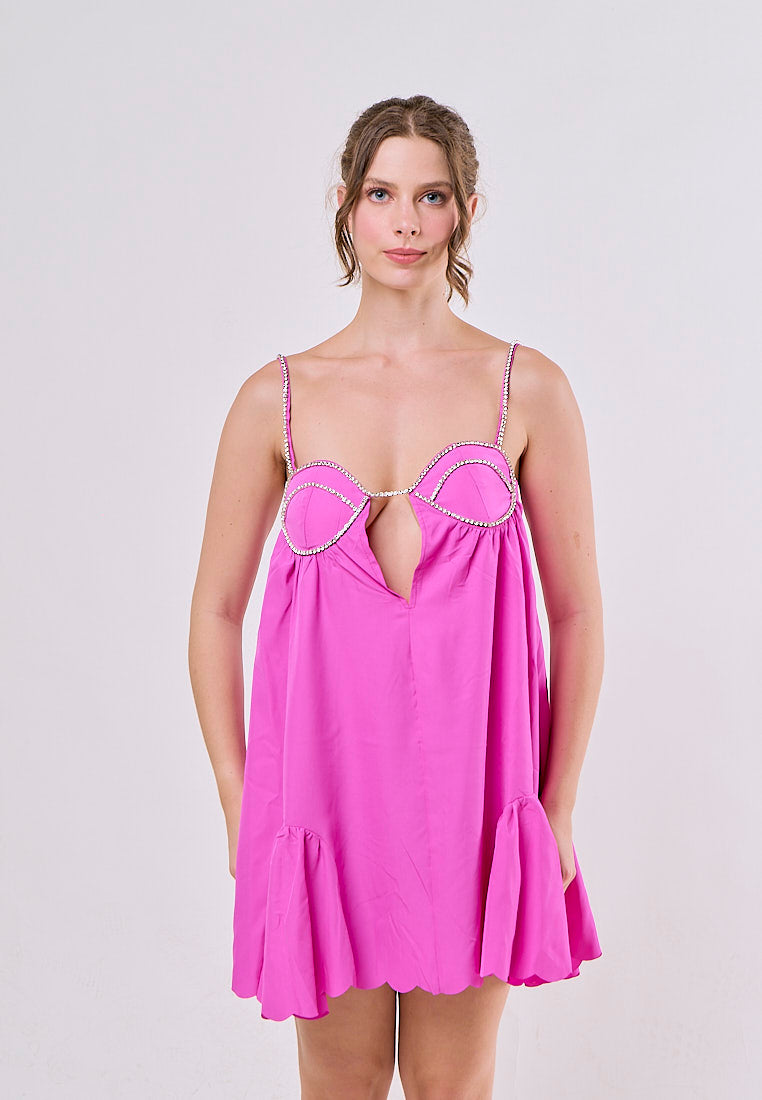 Jesse Fuschia Pink Sleeveless Chain Pleated Mini Dress