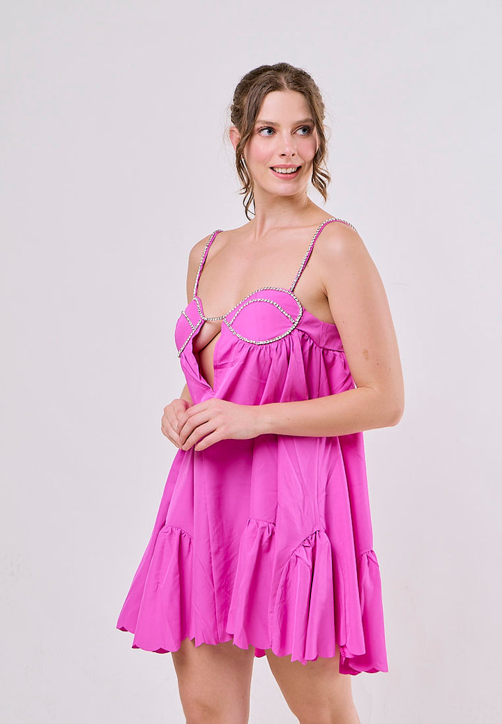 Jesse Fuschia Pink Sleeveless Chain Pleated Mini Dress