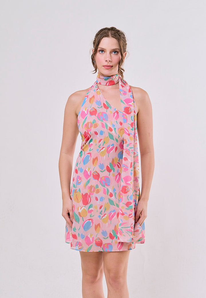 Iker Multicolor Floral Asymmetrical Halter Neck Mini Dresses