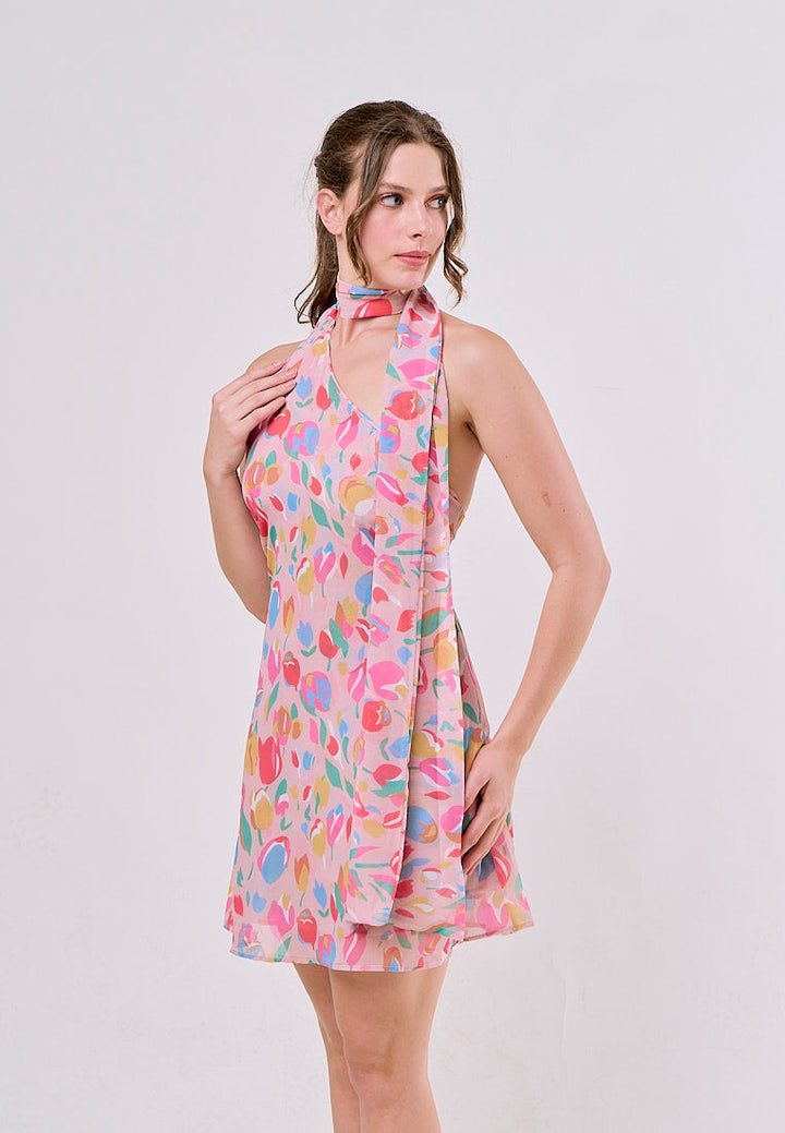 Iker Multicolor Floral Asymmetrical Halter Neck Mini Dresses