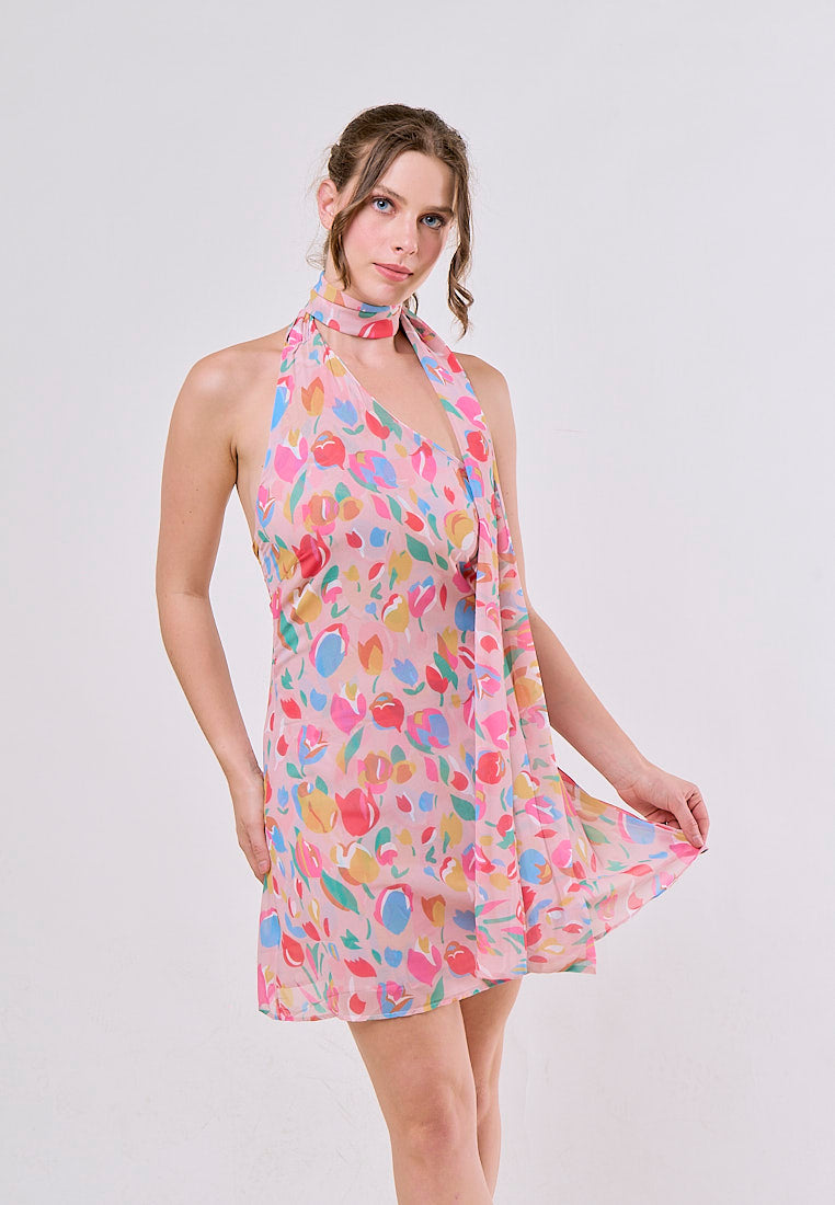 Iker Multicolor Floral Asymmetrical Halter Neck Mini Dresses