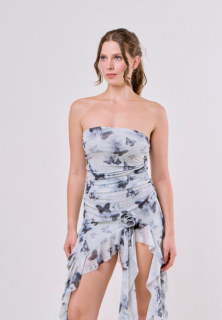 Indigo White and Black Mesh Asymmetrical Tunic Pleated Midi Dress
