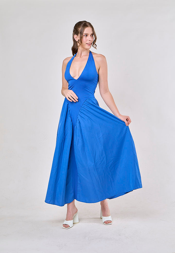 Dionysis Blue Halter Neck  Pleated Midi Dress