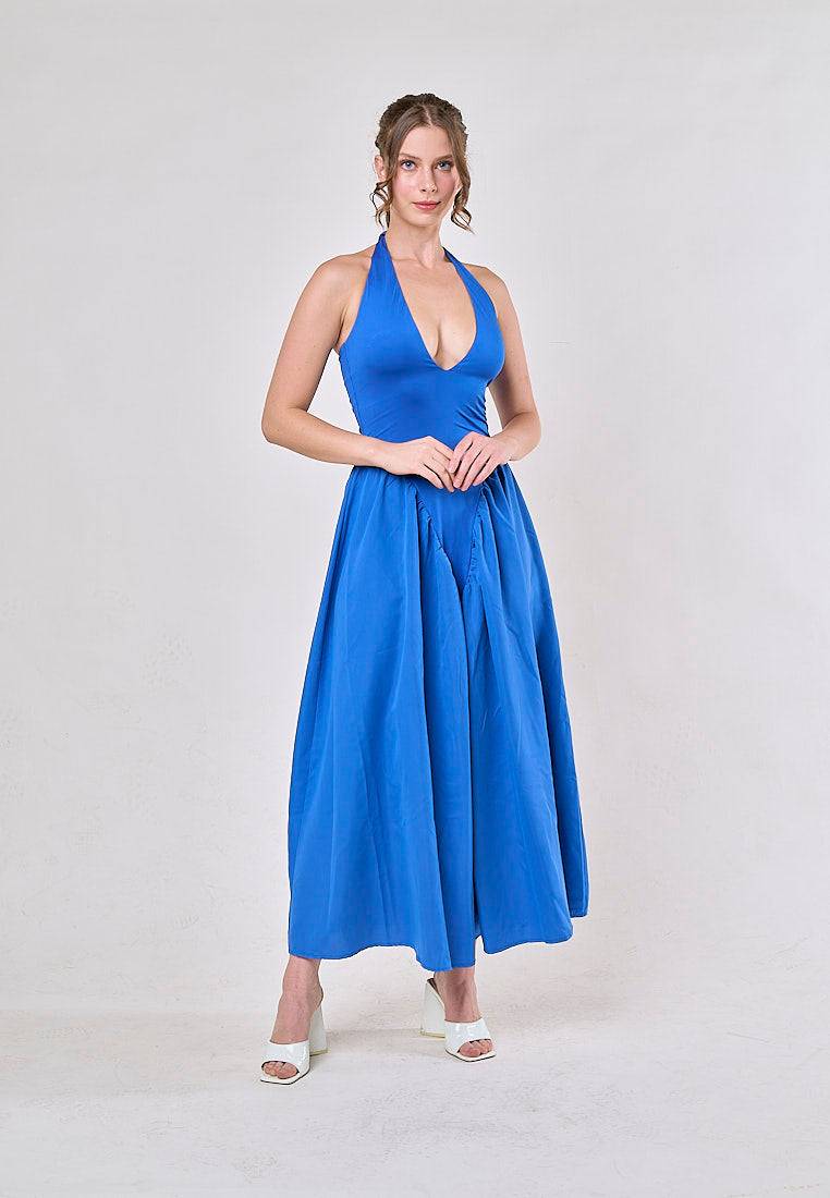 Dionysis Blue Halter Neck  Pleated Midi Dress