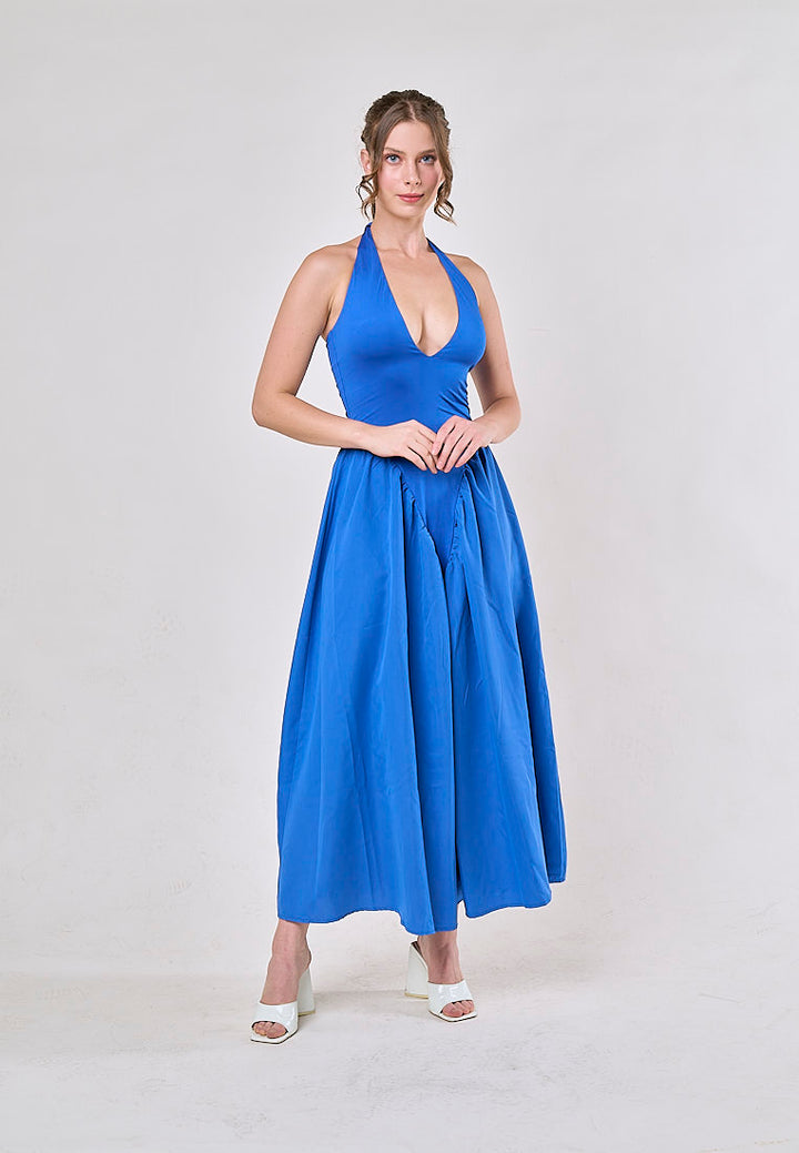 Dionysis Blue Halter Neck  Pleated Midi Dress