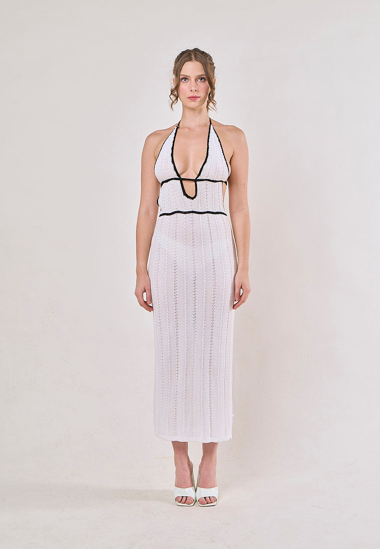 Liesl White Halter V-Neck Knitted Maxi Dress