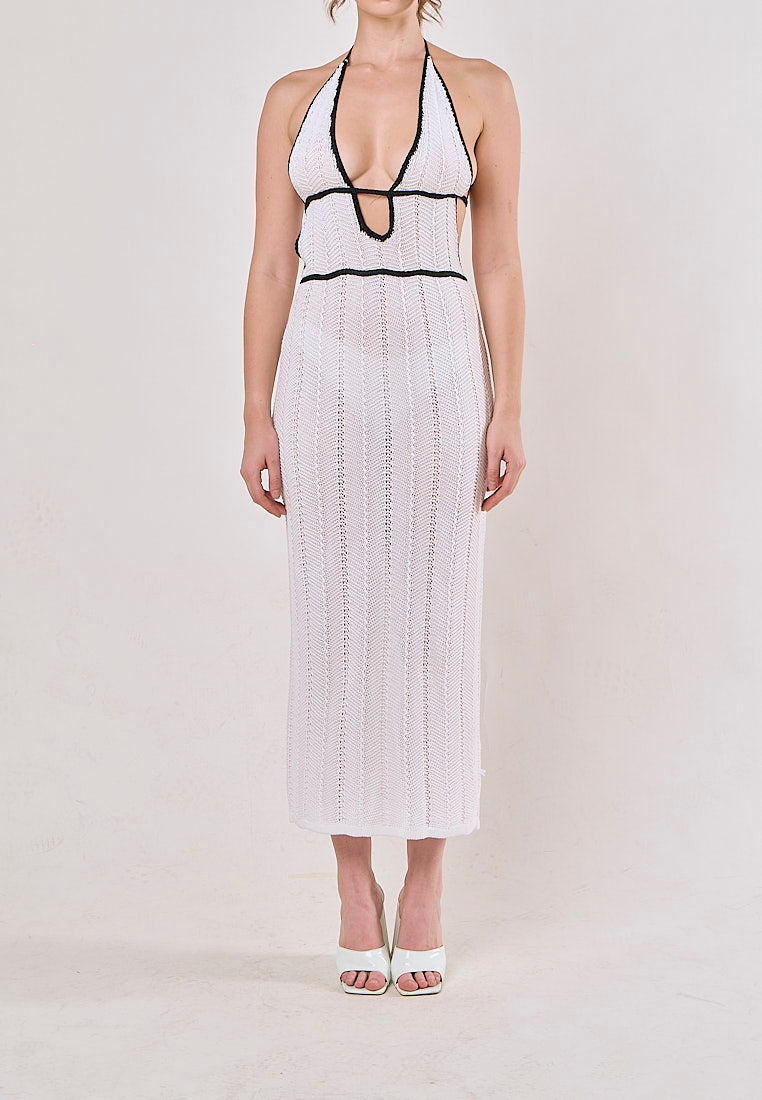 Liesl White Halter V-Neck Knitted Maxi Dress