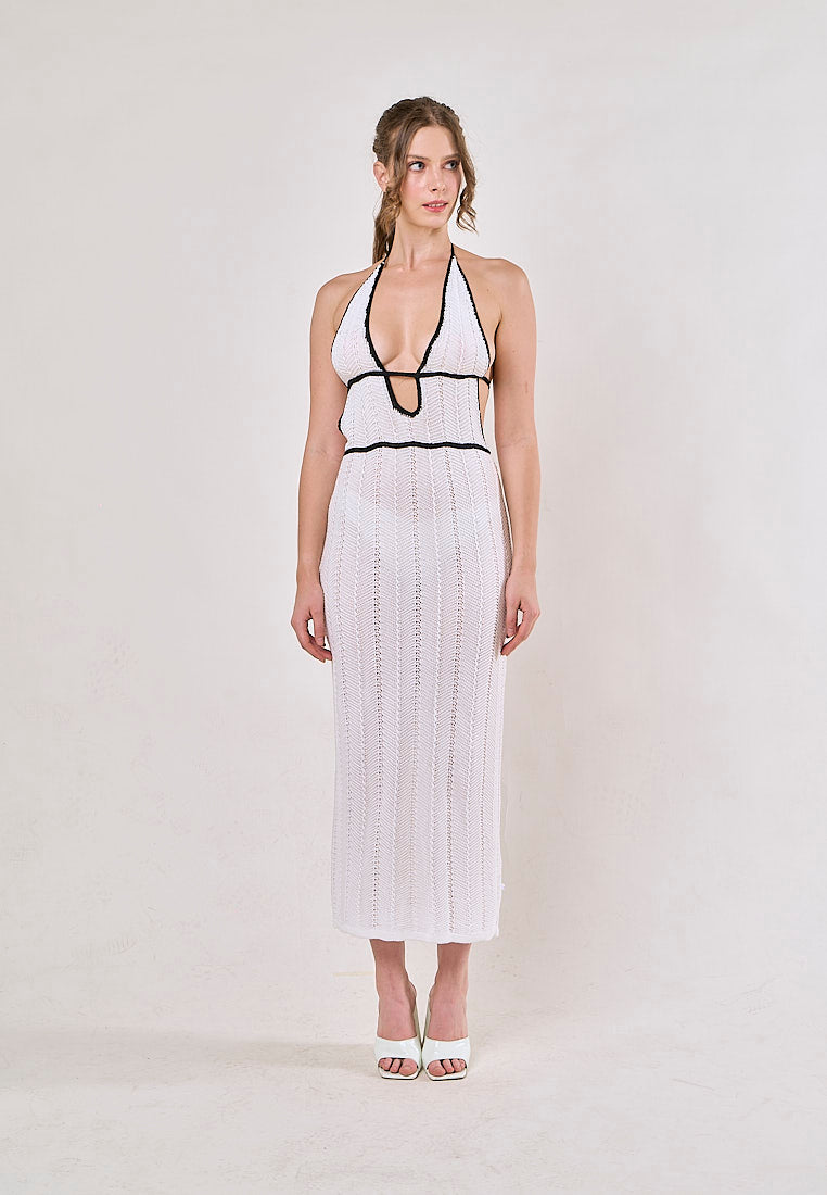 Liesl White Halter V-Neck Knitted Maxi Dress