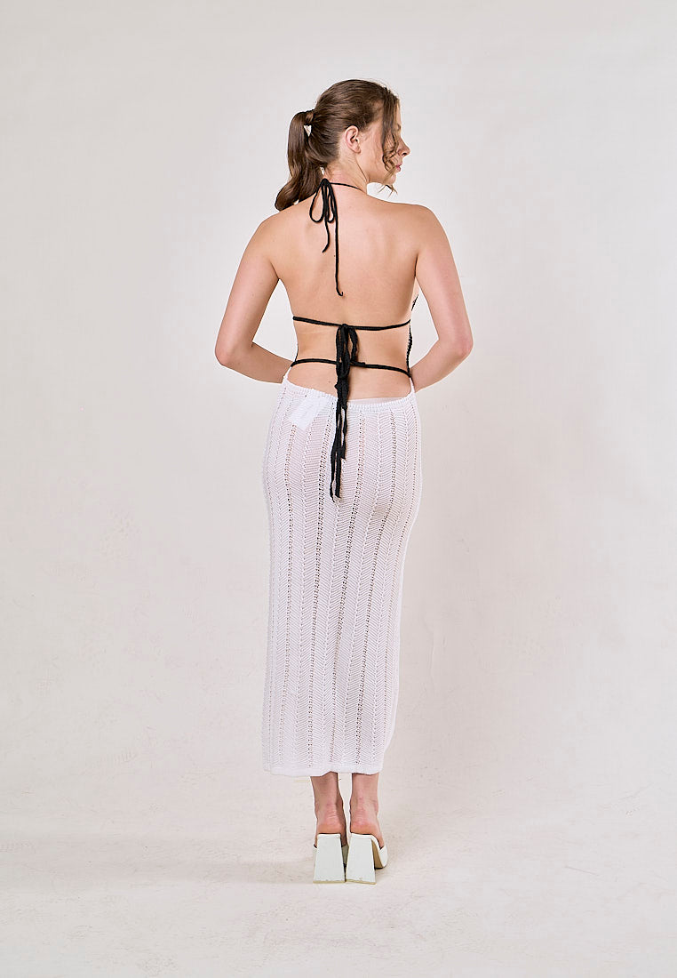 Liesl White Halter V-Neck Knitted Maxi Dress