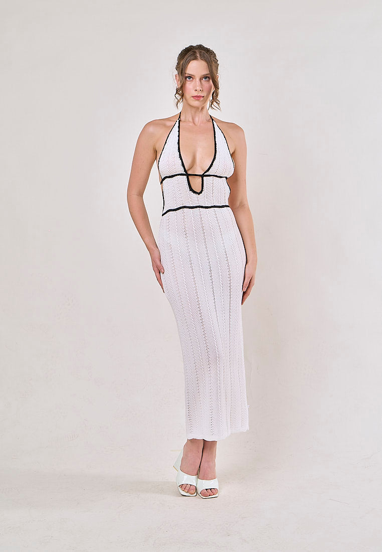 Liesl White Halter V-Neck Knitted Maxi Dress