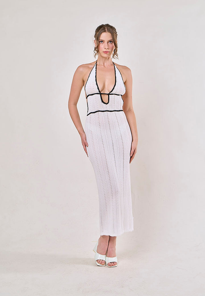 Liesl White Halter V-Neck Knitted Maxi Dress