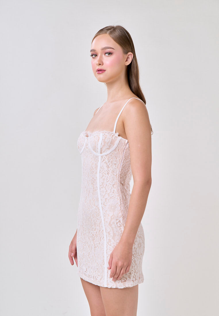 Julane White Sweatheart Neck Lace Trim Sleeveless Bodycon Mini Dress