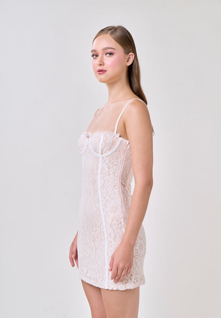 Julane White Sweatheart Neck Lace Trim Sleeveless Bodycon Mini Dress