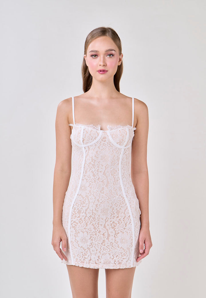 Julane White Sweatheart Neck Lace Trim Sleeveless Bodycon Mini Dress
