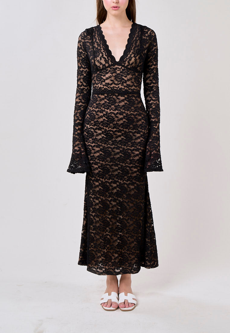 Vega Black Vintage Lace V-Neck Maxi Dress