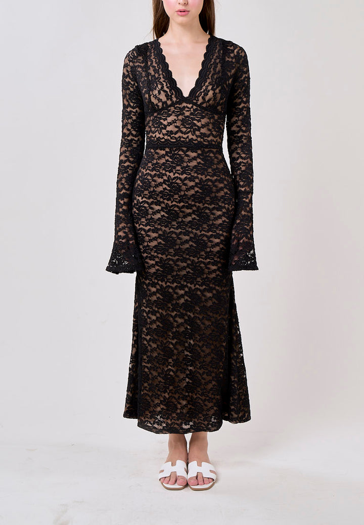 Vega Black Vintage Lace V-Neck Maxi Dress