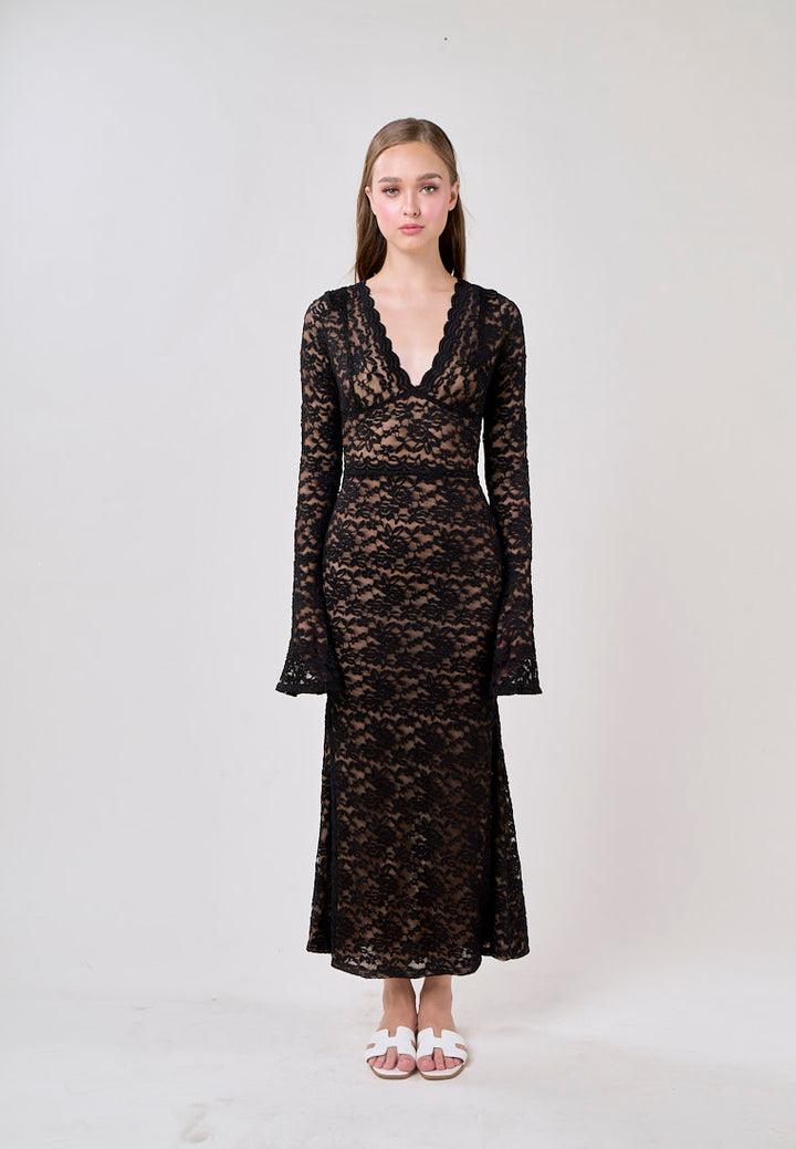 Vega Black Vintage Lace V-Neck Maxi Dress