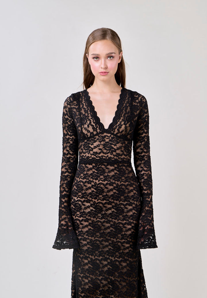 Vega Black Vintage Lace V-Neck Maxi Dress