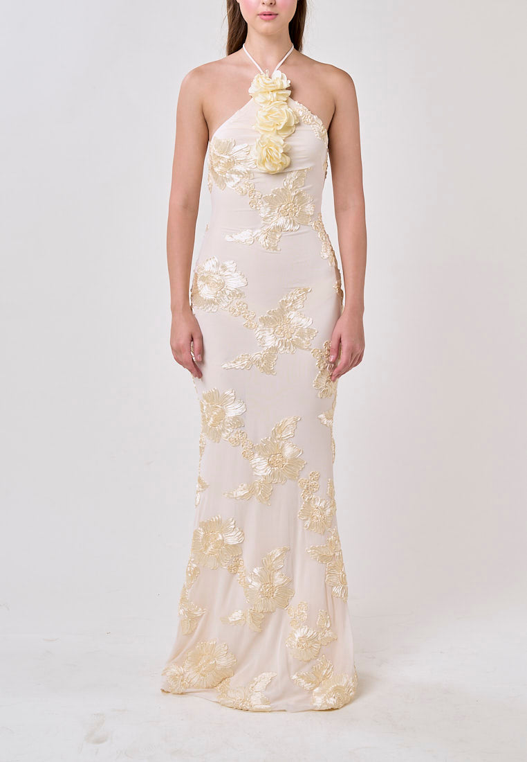 Nevaeh Cream Halter Mesh 3D Flowers Maxi Dress