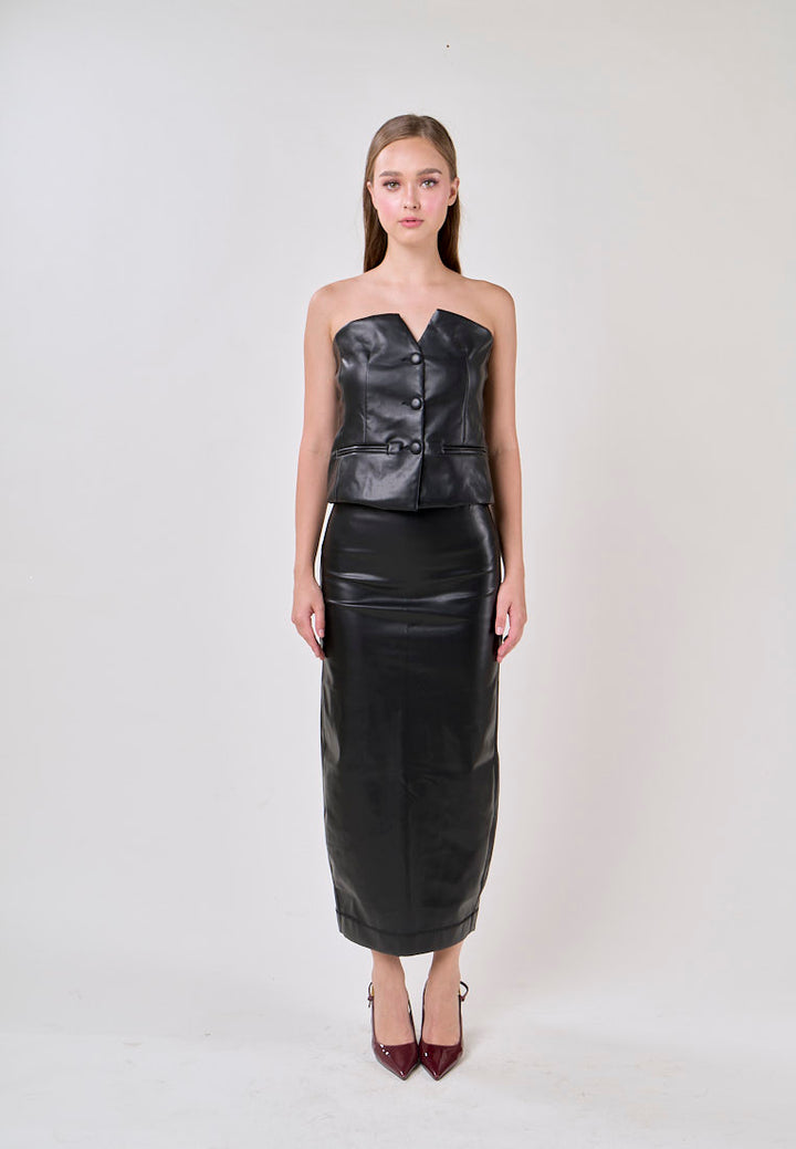 Andromeda Black Faux Leather Zipper Fly Midi Skirt