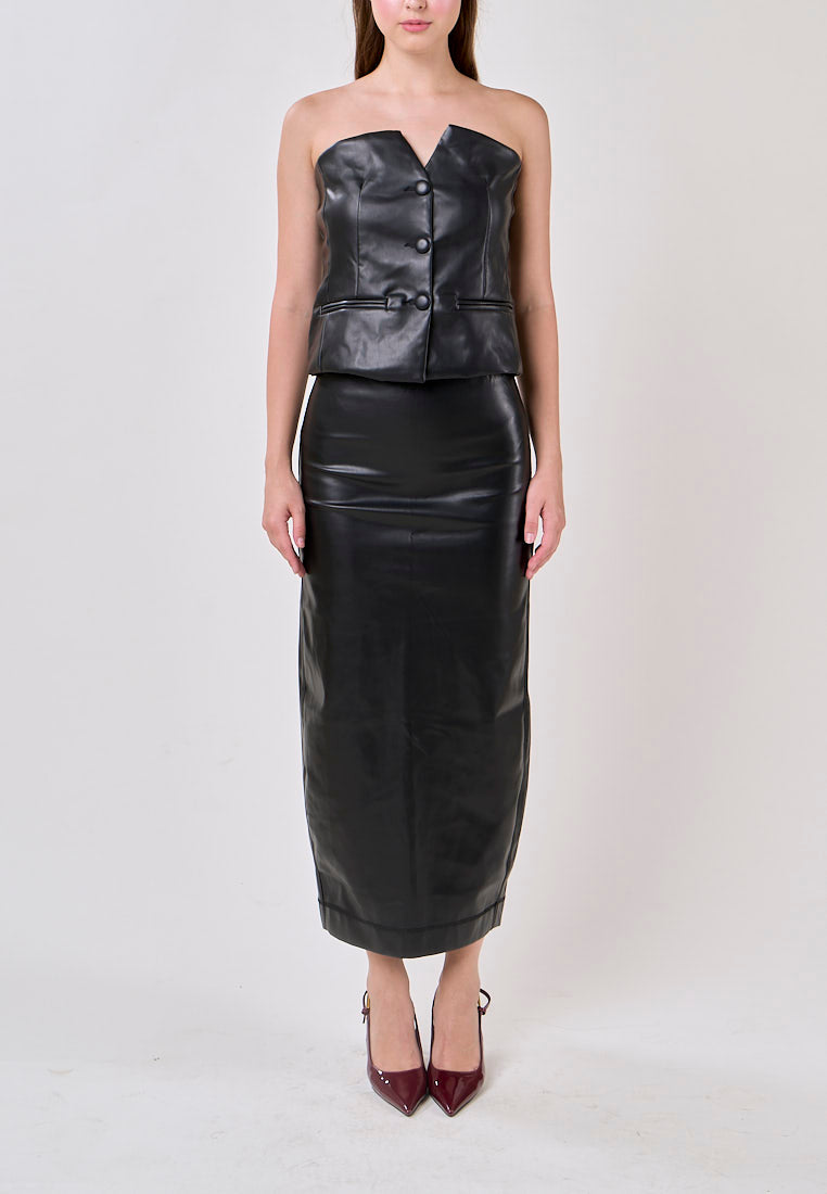 Andromeda Black Faux Leather Zipper Fly Midi Skirt