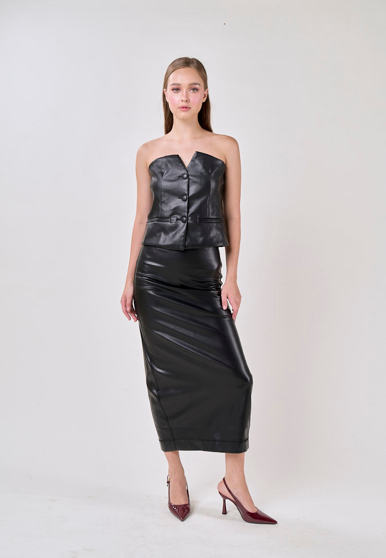 Andromeda Black Faux Leather Zipper Fly Midi Skirt