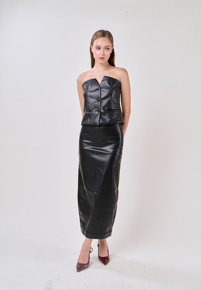 Aziz Black Fux Leather Buttons Up Crop Vest Top