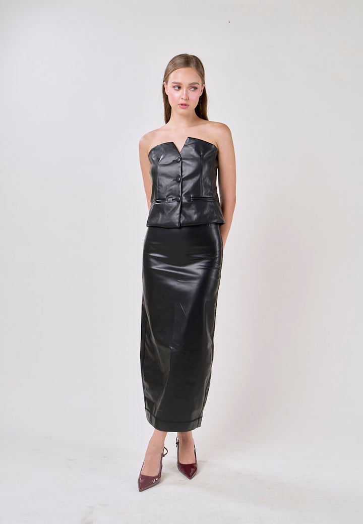 Andromeda Black Faux Leather Zipper Fly Midi Skirt