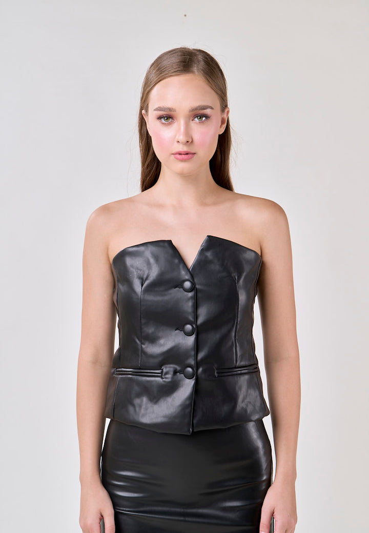 Aziz Black Fux Leather Buttons Up Crop Vest Top