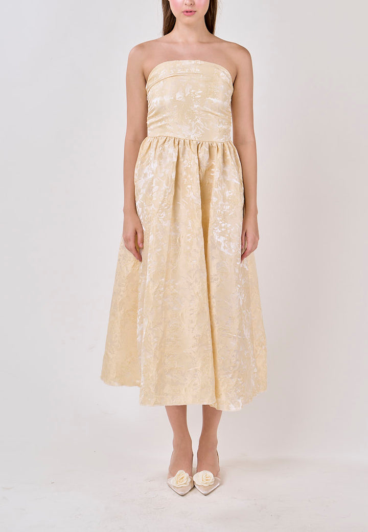 Everleigh Yellow Tube A-Line Velvet Flower Midi Dress