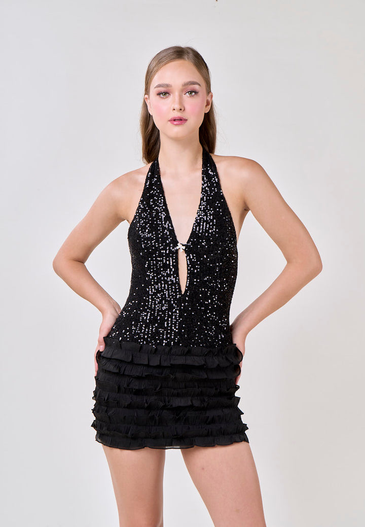 Veda Black V-Neck Halter Sequins Mini Dress