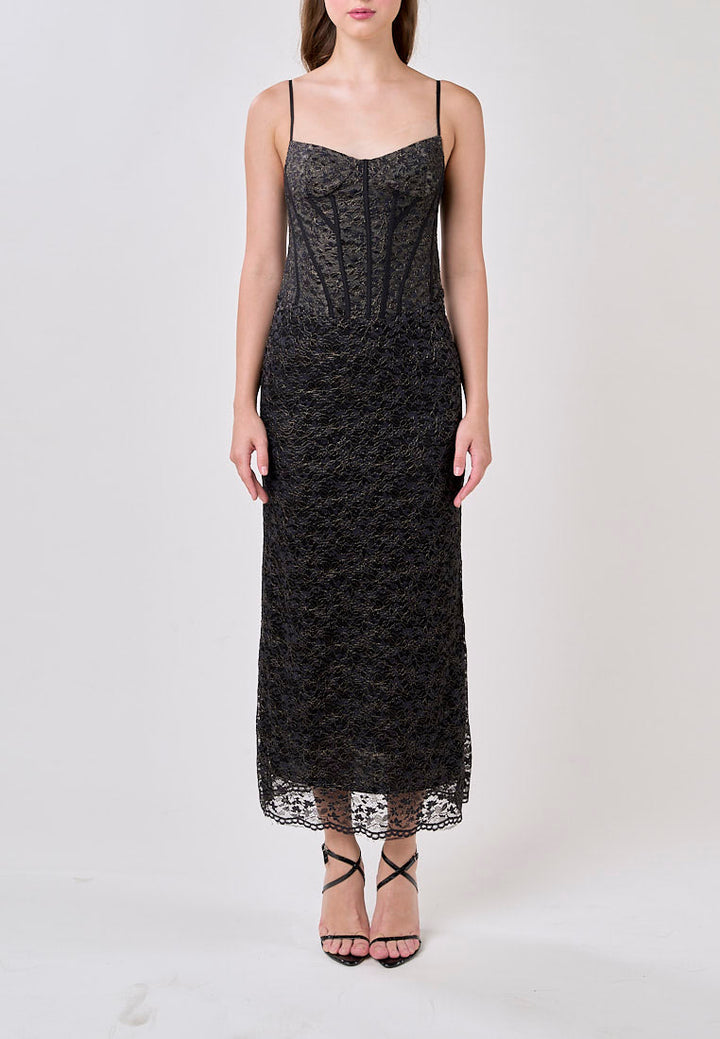 Quillan Black Floral Velvet Mesh Spaghetti Strap Maxi Dress