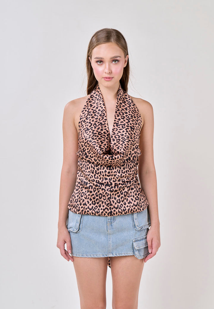Savanna Cheetah Print Cowl Neck Back Hollow Out Tank Top