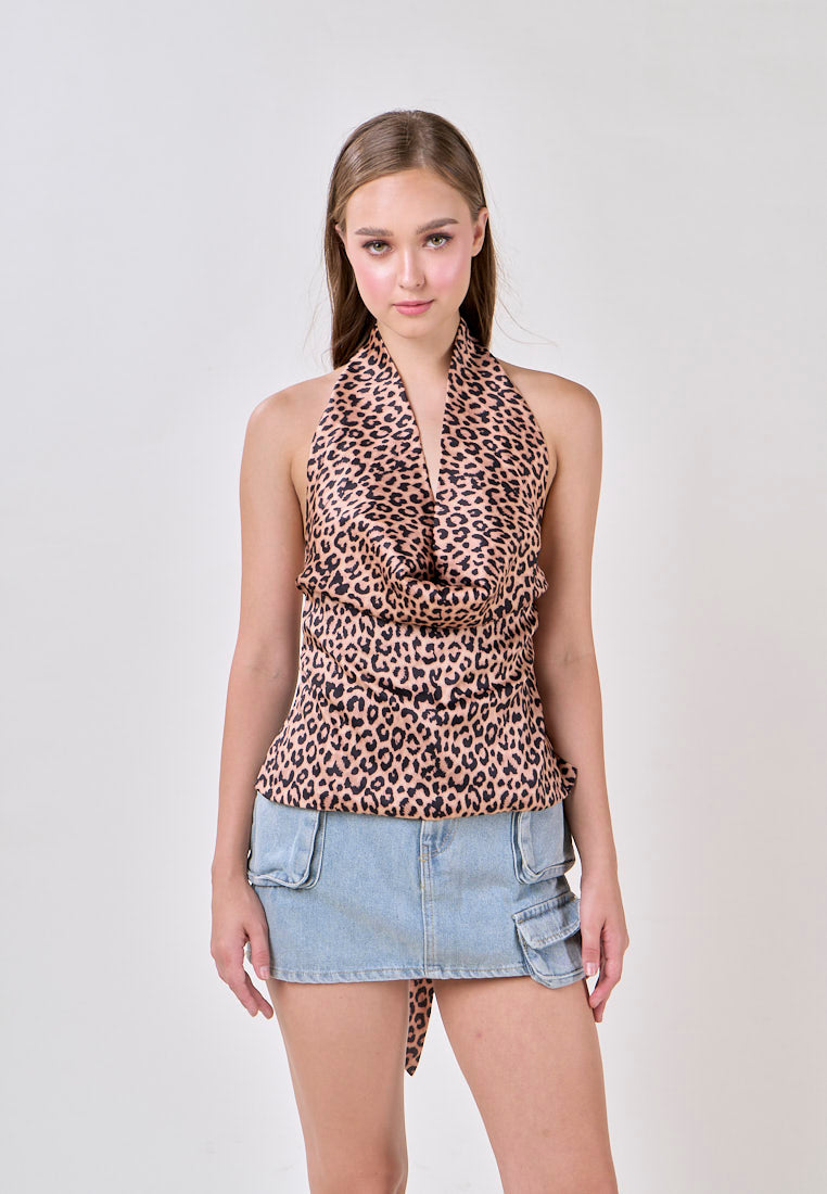 Savanna Cheetah Print Cowl Neck Back Hollow Out Tank Top