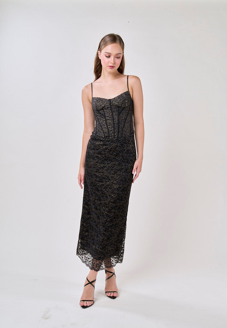 Quillan Black Floral Velvet Mesh Spaghetti Strap Maxi Dress