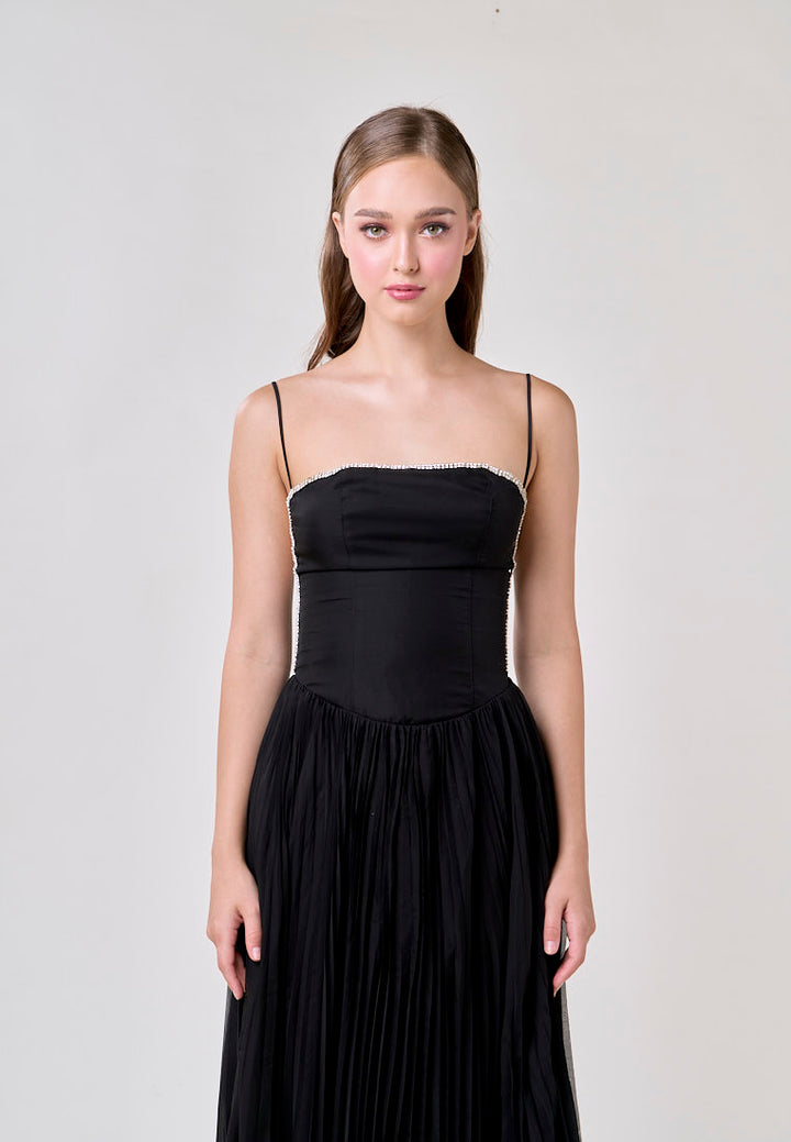 Royal Black A Line Pleated Bustier Maxi Dress
